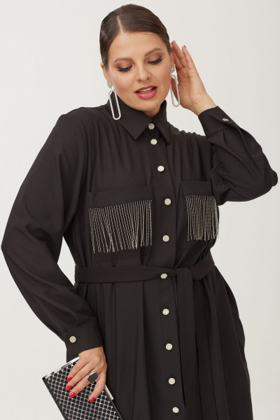 Эффектное нарядное платье-рубашка с накладными карманами и блестящими пуговицами OVERYOU М184 черный - фото 6