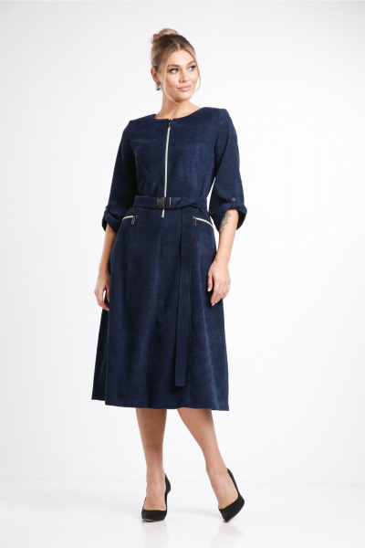 Платье с рельефами и застежкой на молнию из вельвета Rishelie 929 синий - фото 1