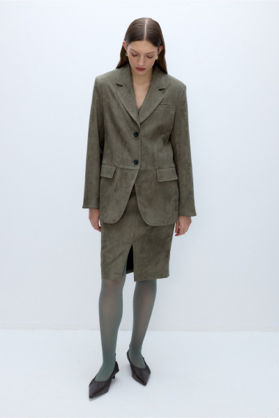 Костюм двойка из искусственной замши жакет и юбка PiRS 5635 хаки - фото 1
