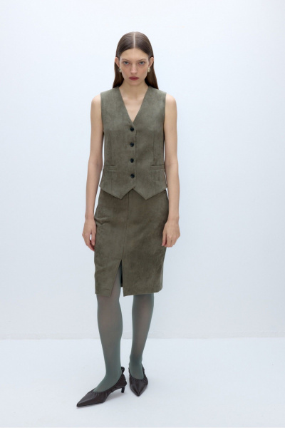 Костюм-тройка из искусственной замши жакет жилет юбка PiRS 5636 хаки - фото 7