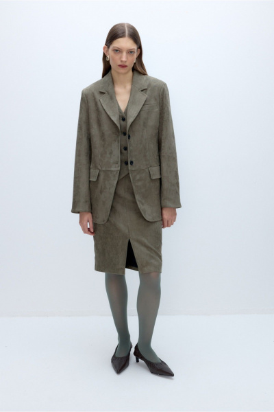 Костюм-тройка из искусственной замши жакет жилет юбка PiRS 5636 хаки - фото 6