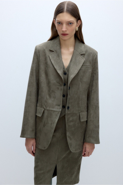 Костюм-тройка из искусственной замши жакет жилет юбка PiRS 5636 хаки - фото 3