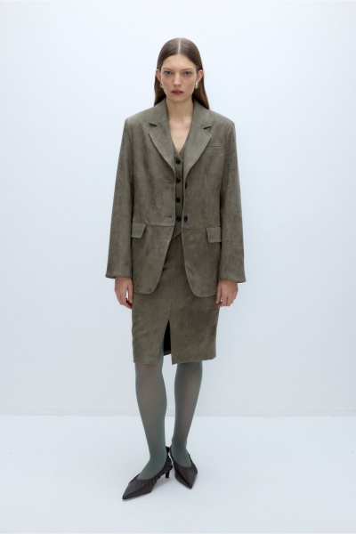 Костюм-тройка из искусственной замши жакет жилет юбка PiRS 5636 хаки - фото 2