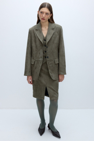 Костюм-тройка из искусственной замши жакет жилет юбка PiRS 5636 хаки - фото 1