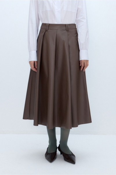 Рубашка и юбка деловой стиль из хлопка и экокожи PiRS 5668 белый+мокко - фото 4