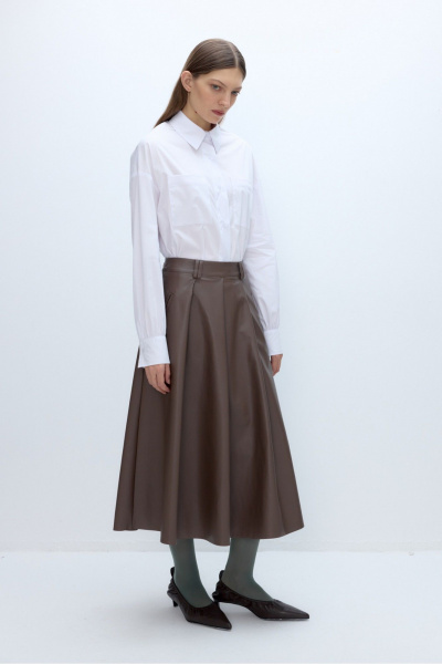 Рубашка и юбка деловой стиль из хлопка и экокожи PiRS 5668 белый+мокко - фото 2