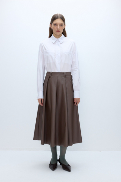 Костюм из жакета с шнуровкой и миди-юбки из экокожи PiRS 5670 мокко - фото 10