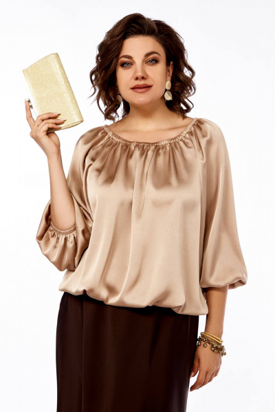 Блуза из атласа свободного силуэта Ольга Стиль С-881 бежевый_блеск - фото 2