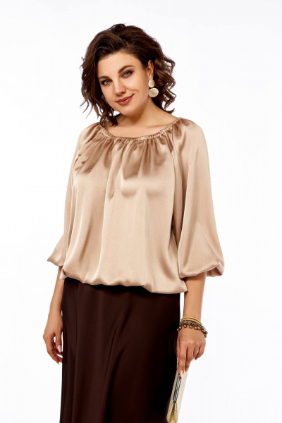 Блуза из атласа свободного силуэта Ольга Стиль С-881 бежевый_блеск - фото 1