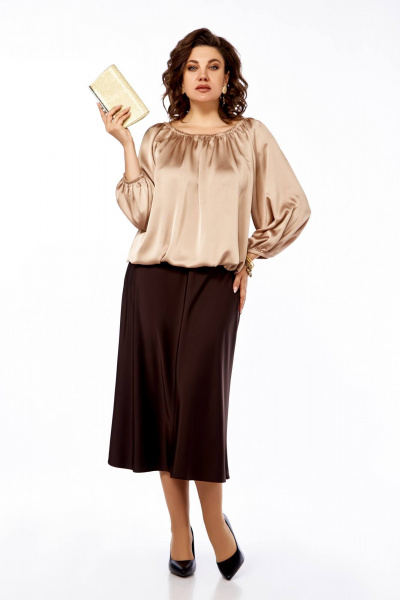 Юбка клеш из атласа полусолнце длина до икры Ольга Стиль С-884 шоколад - фото 1