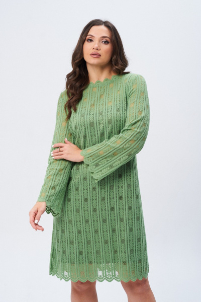 Платье кружевное А-образное с ажурной стойкой Verita 2339 зелень - фото 2