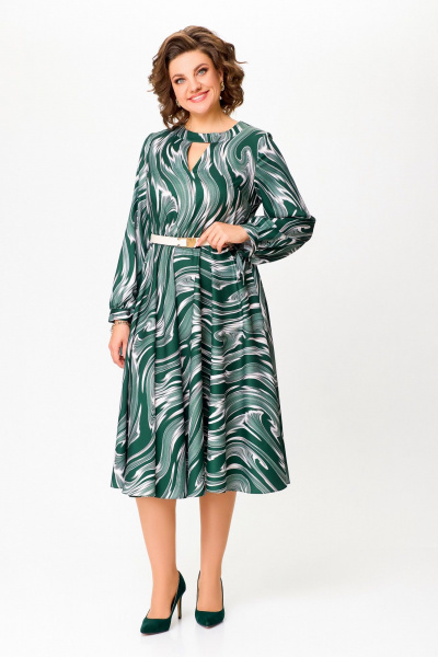 Платье с нагрудными вытачками и расклешенной юбкой Swallow 807 изумруд/бежевые_разводы - фото 5