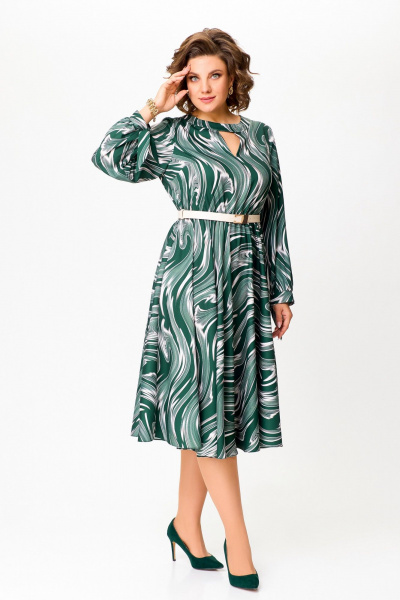 Платье с нагрудными вытачками и расклешенной юбкой Swallow 807 изумруд/бежевые_разводы - фото 4