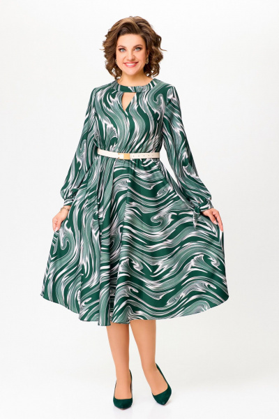 Платье с нагрудными вытачками и расклешенной юбкой Swallow 807 изумруд/бежевые_разводы - фото 1