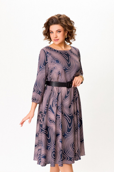 Платье Х-образный силуэт с карманами и ремнем Swallow 799 сине-черный/принт"галактика" - фото 9