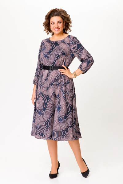 Платье Х-образный силуэт с карманами и ремнем Swallow 799 сине-черный/принт"галактика" - фото 4