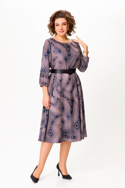 Платье Х-образный силуэт с карманами и ремнем Swallow 799 сине-черный/принт"галактика" - фото 3