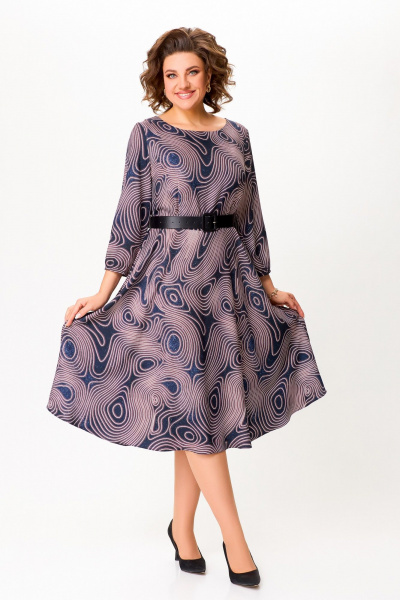 Платье Х-образный силуэт с карманами и ремнем Swallow 799 сине-черный/принт"галактика" - фото 2