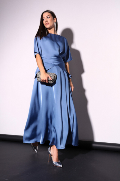 Костюм 2ка из атласа с юбкой миди и свободной блузой LM К5013 аквамарин - фото 11