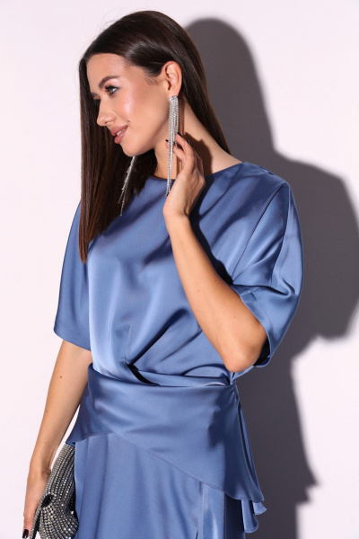 Костюм 2ка из атласа с юбкой миди и свободной блузой LM К5013 аквамарин - фото 10