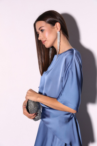 Костюм 2ка из атласа с юбкой миди и свободной блузой LM К5013 аквамарин - фото 9