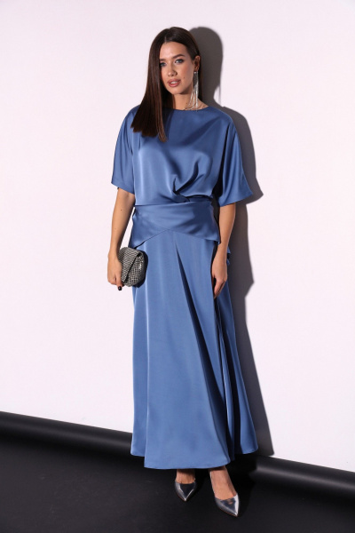 Костюм 2ка из атласа с юбкой миди и свободной блузой LM К5013 аквамарин - фото 5