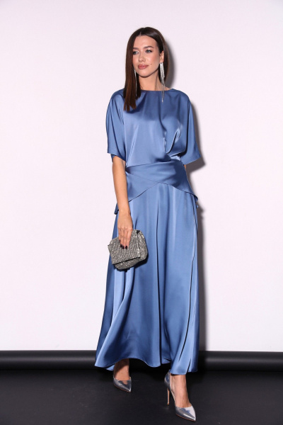 Костюм 2ка из атласа с юбкой миди и свободной блузой LM К5013 аквамарин - фото 3