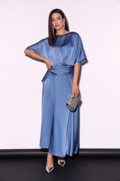 Костюм 2ка из атласа с юбкой миди и свободной блузой LM К5013 аквамарин - фото 1