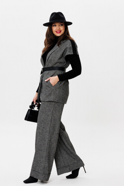 Элегантный костюм из текстиля с длинным жилетом и палаццо Michel chic 1404 темно-серый - фото 4