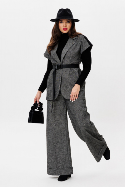 Элегантный костюм из текстиля с длинным жилетом и палаццо Michel chic 1404 темно-серый - фото 2