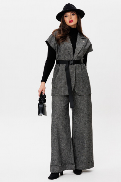 Элегантный костюм из текстиля с длинным жилетом и палаццо Michel chic 1404 темно-серый - фото 1