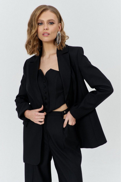 Круглогодичный костюм: жакет и брюки с рельефами и воротником пиджачного типа COCKTAIL M112-1 черный - фото 9