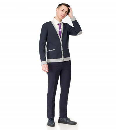 Строгий трикотажный кардиган с рельефами и карманами для мальчика Panda Kids ПА-223032А синий - фото 1