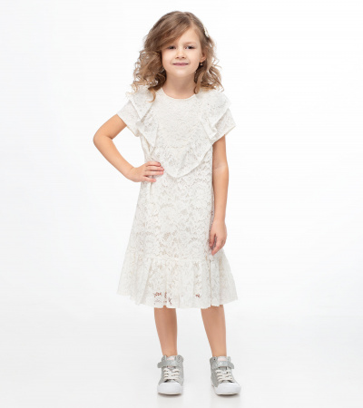 Круглогодичное нарядное платье из кружева с объемными рюшами Panda Kids ПА-240680 молочный - фото 1