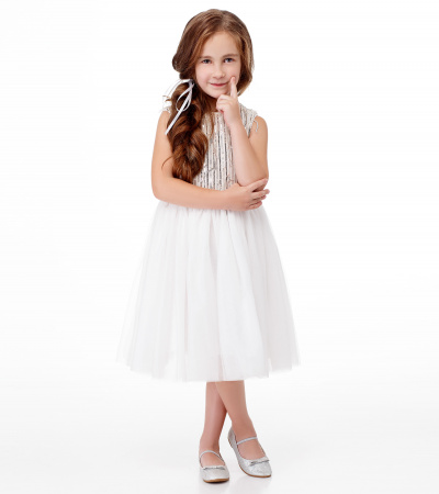 Нарядное платье из фатина с пайетками Panda Kids ПА-250580 бело-бежевый - фото 1