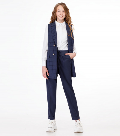 Модная удлиненная жилетка в клетку с карманами Panda Kids ПА-248737А синий - фото 4