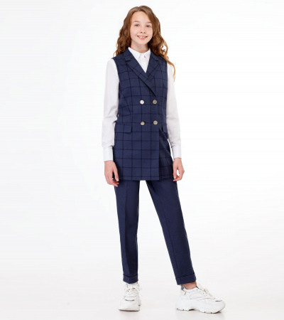 Модная удлиненная жилетка в клетку с карманами Panda Kids ПА-248737А синий - фото 5