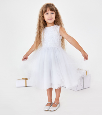 Платье из легкой ткани с разными длинами и украшением Panda Kids ПА-260883 белый - фото 1