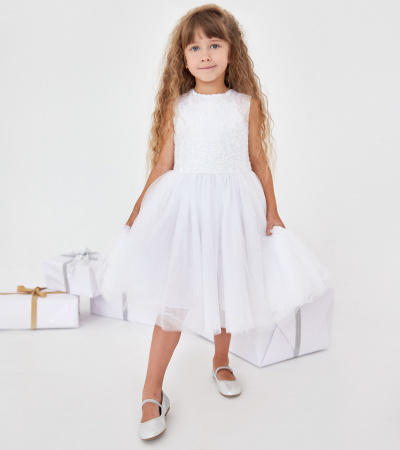 Платье из легкой ткани с разными длинами и украшением Panda Kids ПА-260883 белый - фото 4