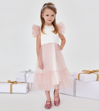 Платье из хлопковой ткани с коротким рукавом и декоративной отделкой Panda Kids ПА-261380 бело-розовый - фото 4