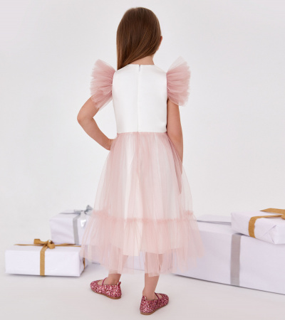 Платье из хлопковой ткани с коротким рукавом и декоративной отделкой Panda Kids ПА-261380 бело-розовый - фото 2