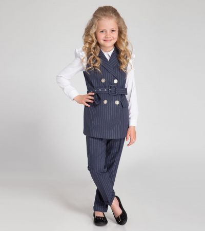 Жилет удлиненный из полосатой вискозной ткани с поясом Panda Kids ПА-257837С синий - фото 3
