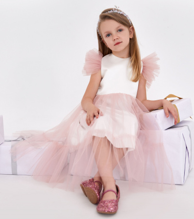 Платье из хлопковой ткани с коротким рукавом и декоративной отделкой Panda Kids ПА-261380 бело-розовый - фото 5