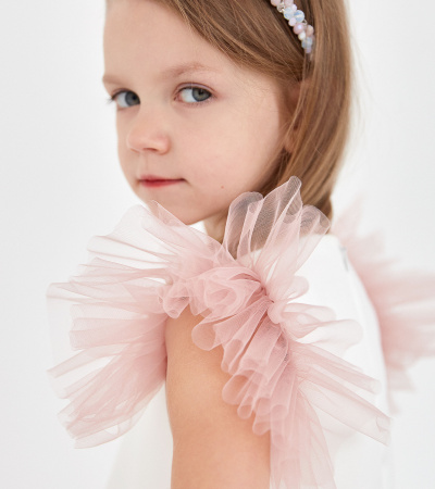 Платье из хлопковой ткани с коротким рукавом и декоративной отделкой Panda Kids ПА-261380 бело-розовый - фото 8