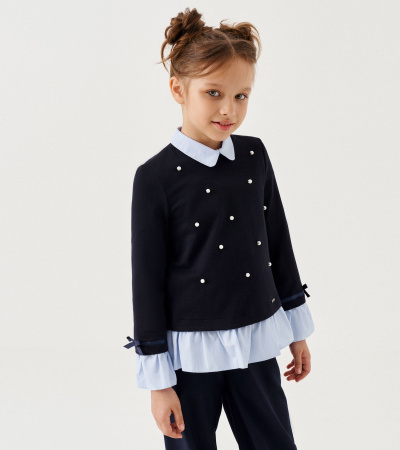 Джемпер из трикотажа с воротником и бусинками Panda Kids ПА-323540 синий - фото 2