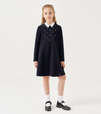 Платье из хлопкового трикотажа с воротничком и бусинками Panda Kids ПА-323780 синий - фото 1