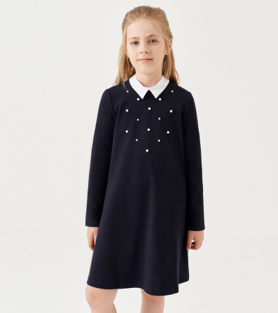 Платье из хлопкового трикотажа с воротничком и бусинками Panda Kids ПА-323780 синий - фото 3