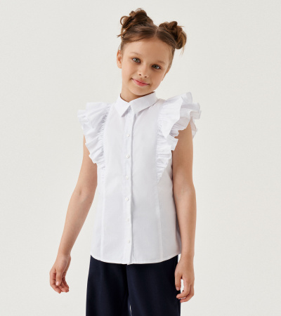 Нарядная хлопковая блузка с рюшами и воротником-стойкой Panda Kids ПА-345640 белый - фото 2