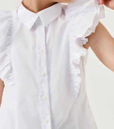 Нарядная хлопковая блузка с рюшами и воротником-стойкой Panda Kids ПА-345640 белый - фото 3