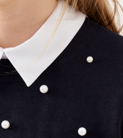 Платье из хлопкового трикотажа с воротничком и бусинками Panda Kids ПА-323780 синий - фото 9